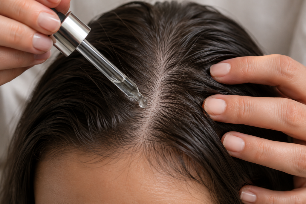 Professional scalp treatment with serum application on hair roots in a luxury salon setting