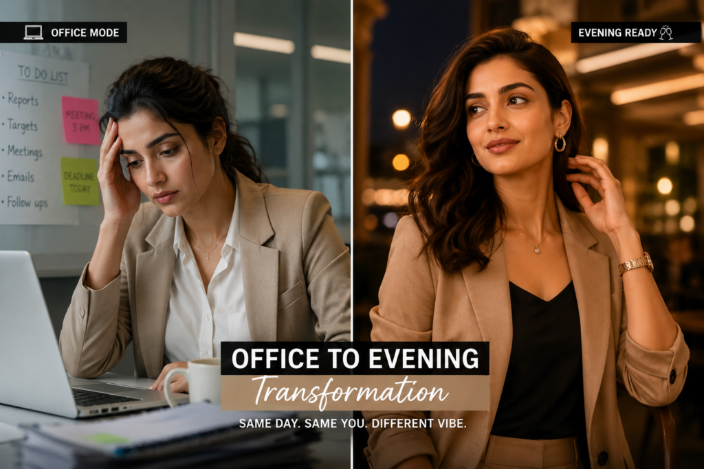 Split image showing a busy professional transforming from a tired office look to a fresh, well-groomed evening-ready appearance, highlighting quick grooming fixes for working professionals.