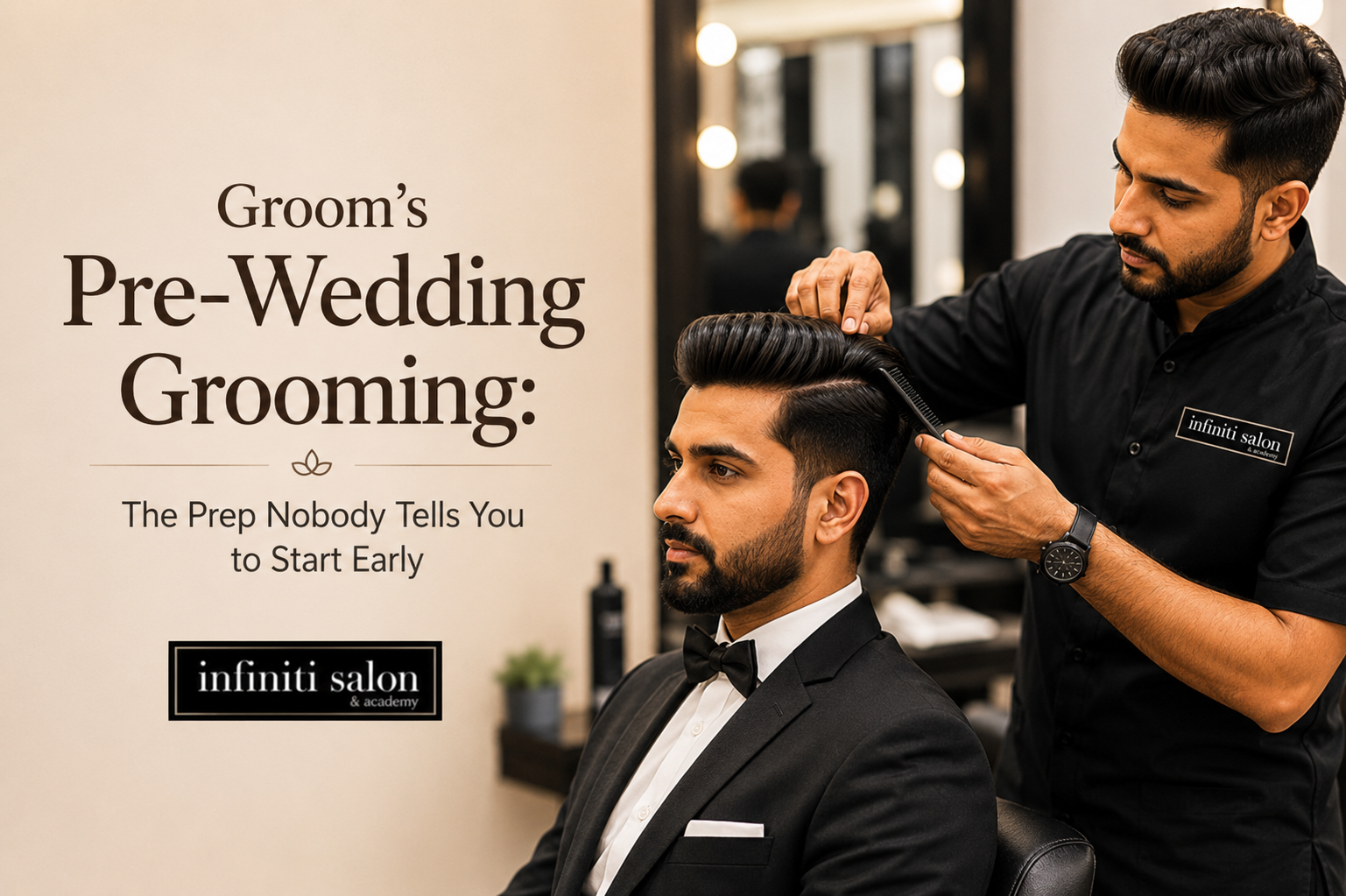 Groom getting haircut and beard styling for wedding prep at modern luxury salon
