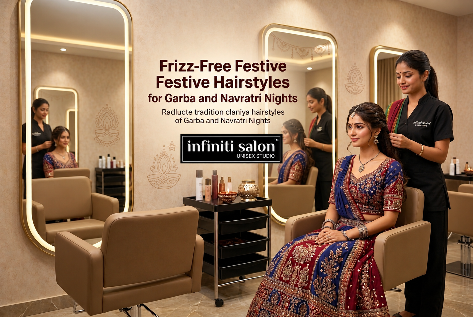 A professional hairstylist styling a client's hair in a modern salon for festive celebrations like Garba and Navratri at Infiniti Salon Academy.